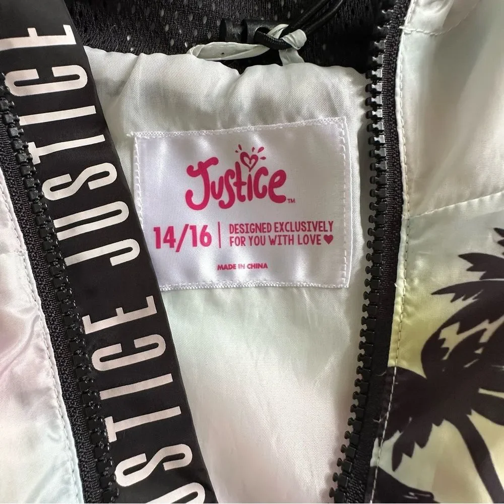 New! Girls 14/16 Justice Palm Tree Hooded Lightweight Jacket Spring Summer Rain